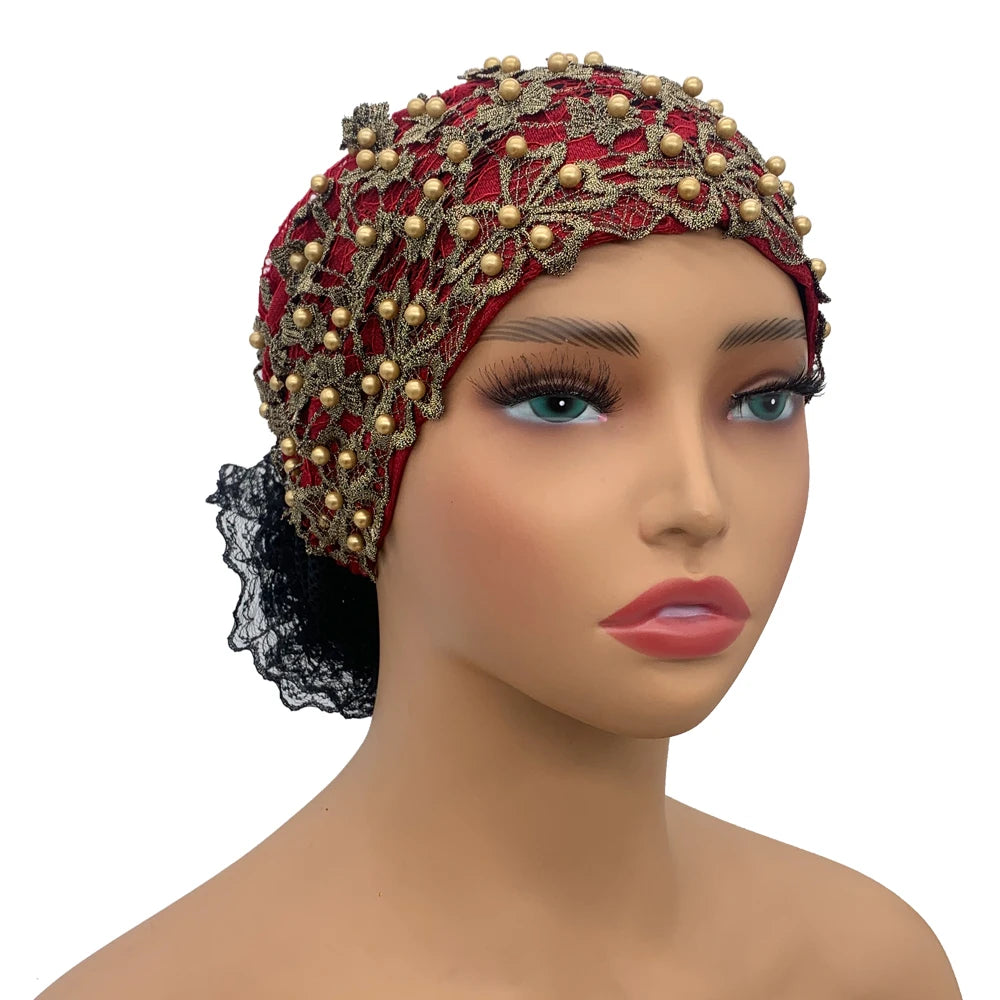 Embroidery Beading Turban Cap for Women Muslim Headscarf Hat Hairloss Chemo Cap African Headwrap Bonnet