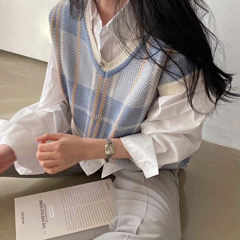 Vintage V-neck Plaid Sweater Vest Women Autumn Winter Vintage Knit Sweaters Pullover Loose Korean Knitwear Tops Pull Femme