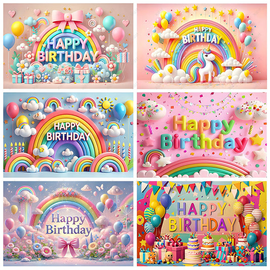 Colorful Happy Birthday Background 3d Balloons Rainbow Children Girl Birthday Party Decoration Banner Baby Party Photo Prop Gift