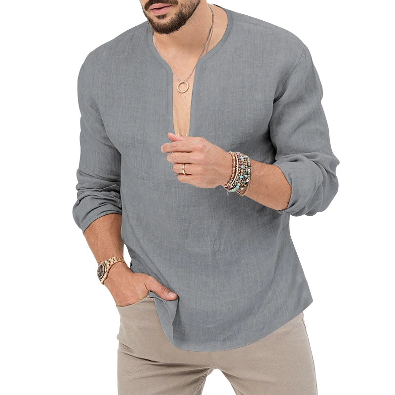 Men's Shirt Top V Neck Breathable Beach Shirt Long Sleeves Closure Regular Fit Solid Color Male Casual Shirt For Daily Vacation mon