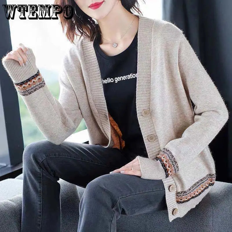 WTEMPO Spring Autumn Solid Color Women's Knitted Cardigan Long Sleeve Korean Loose V-Neck Button Sweaters Coat Female Clothing