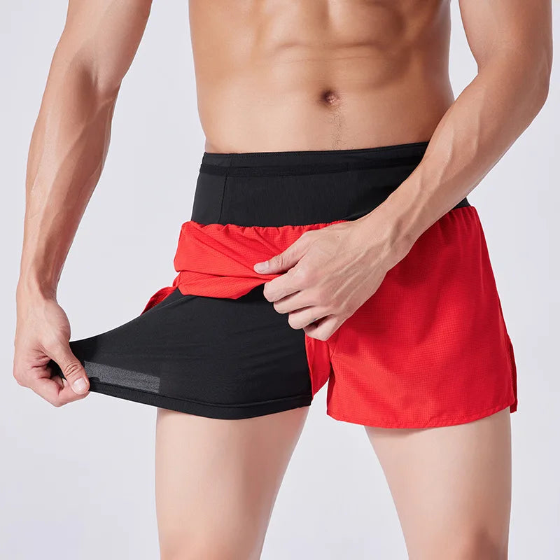 (S-4XL) شورت رياضي للجري الماراثوني سريع الجفاف بطبقتين للرجال والنساء والمراهقين مع جيب بسحاب وشورت تدريب لياقة بدنية بدون مسارات 