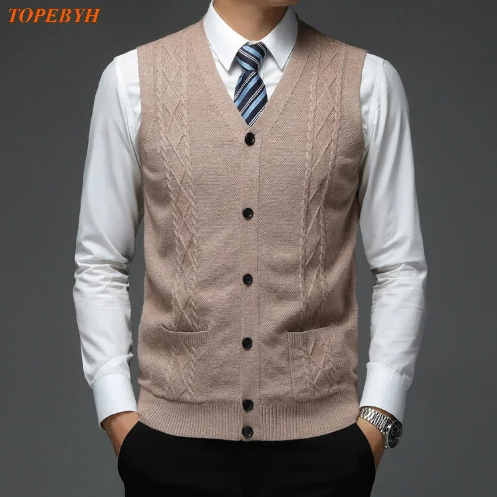 Men's Business Casual Pullover Wear Warm Sleeveless  Velvet Knitted Sweater Vest Tops