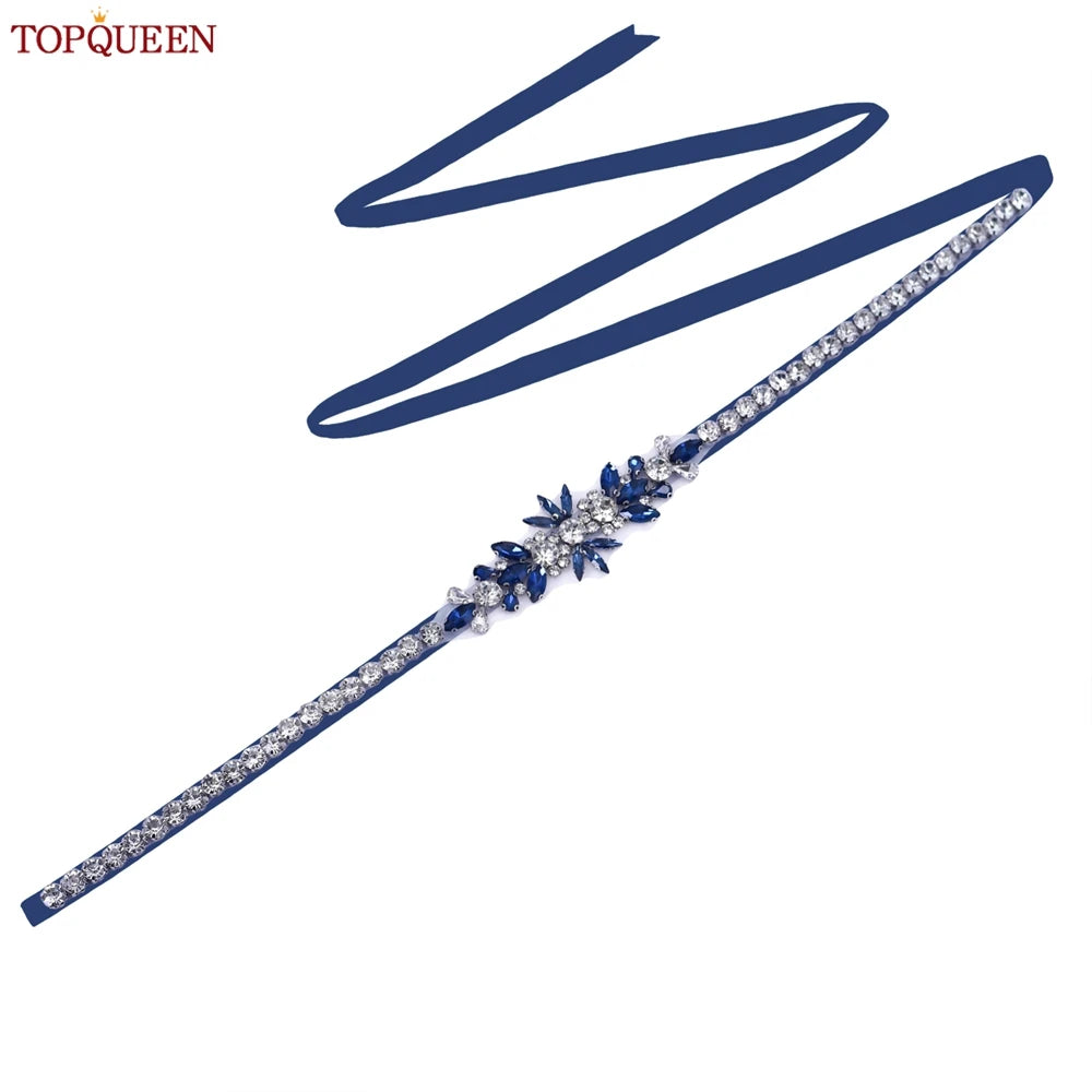 TOPQUEEN Blue Diamond Bridal Ribbon Belt Banquet Evening Dress Jewelry Sash Wedding Accessories Women Waist Decoration S166-ML