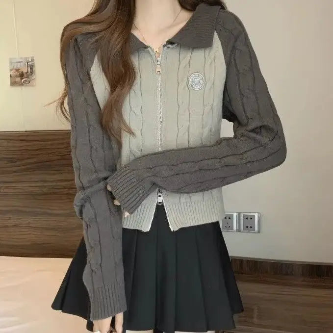 Color Blocking Design Knitted Sweater Women's Short Base Sweater Double Zipper Sweater Cardigan Top