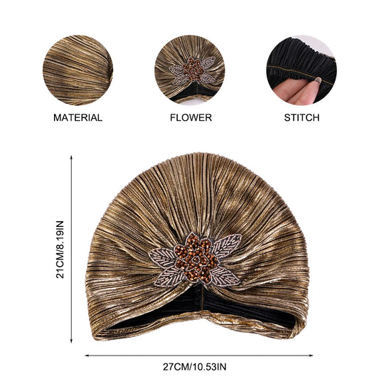New Rhinestone Flower Turban For Women Elegant Pleated Skull Cap Muslim Hijab Hat Headwraps Elastic Ramadan Beanies Chemo Cap