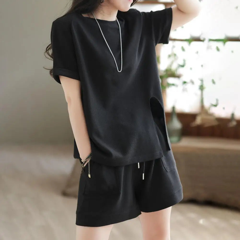 Fashion Sports Shorts Lint Free Dress-up Non-Fading Women Loose Shirt with Shorts Two-piece Suit Short Sleeve Wide Leg