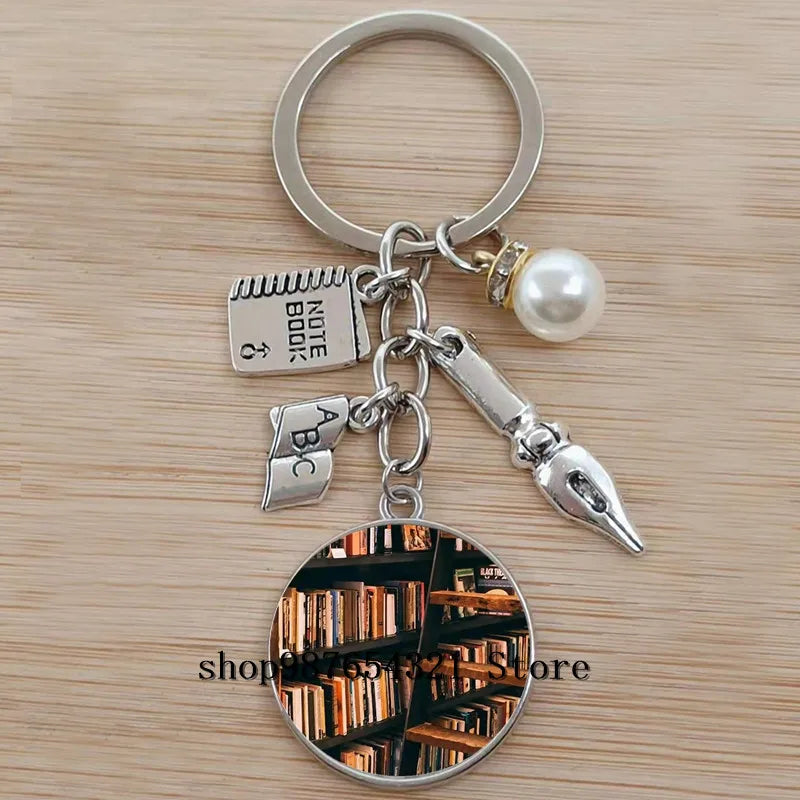 Classic Library Books Keychain Vintage Old Books Key Chain Librarians Key Ring Gift for Nerd Bookworm Writer Teacher