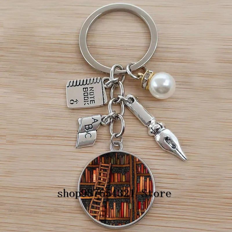 Classic Library Books Keychain Vintage Old Books Key Chain Librarians Key Ring Gift for Nerd Bookworm Writer Teacher