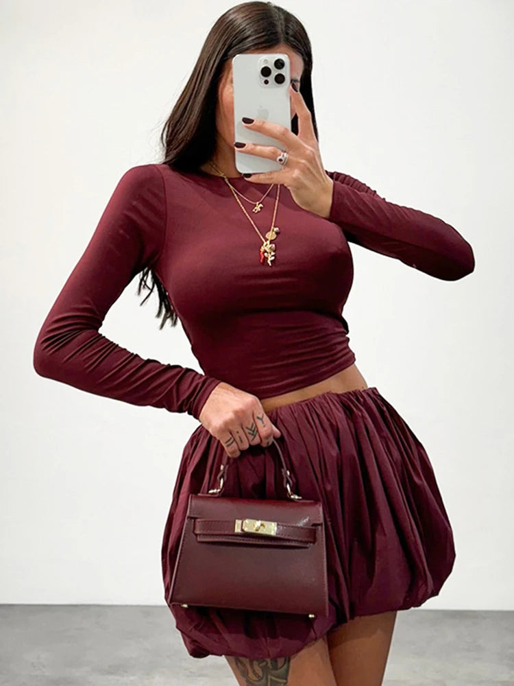 Trendix Pleated Skirt 2 Piece Sets Women Burgundy Bodycon Long Sleeve Shirts Vintage Fashion High Waist Dress Suits 2024 Winter