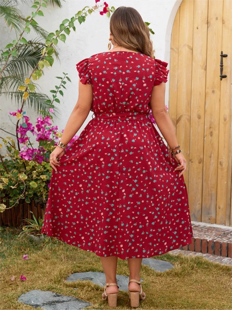 Plus Size Summer V-Neck Midi Dress Women Flower Print Fashion Loose Ladies Dresses Ruffle Pleated Woman Sleeveless Dress
