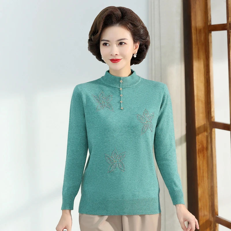 Middle-aged Women's Autumn Sweaters Pullovers V-neck JUmper Hot diamond Knitting Sweater Mother Dress Tops