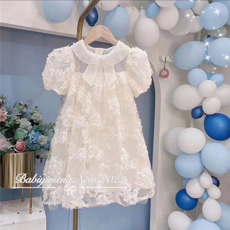 Baby kids Girls 3D Flowers Dress Summer Beaded Collar  2-8 Y