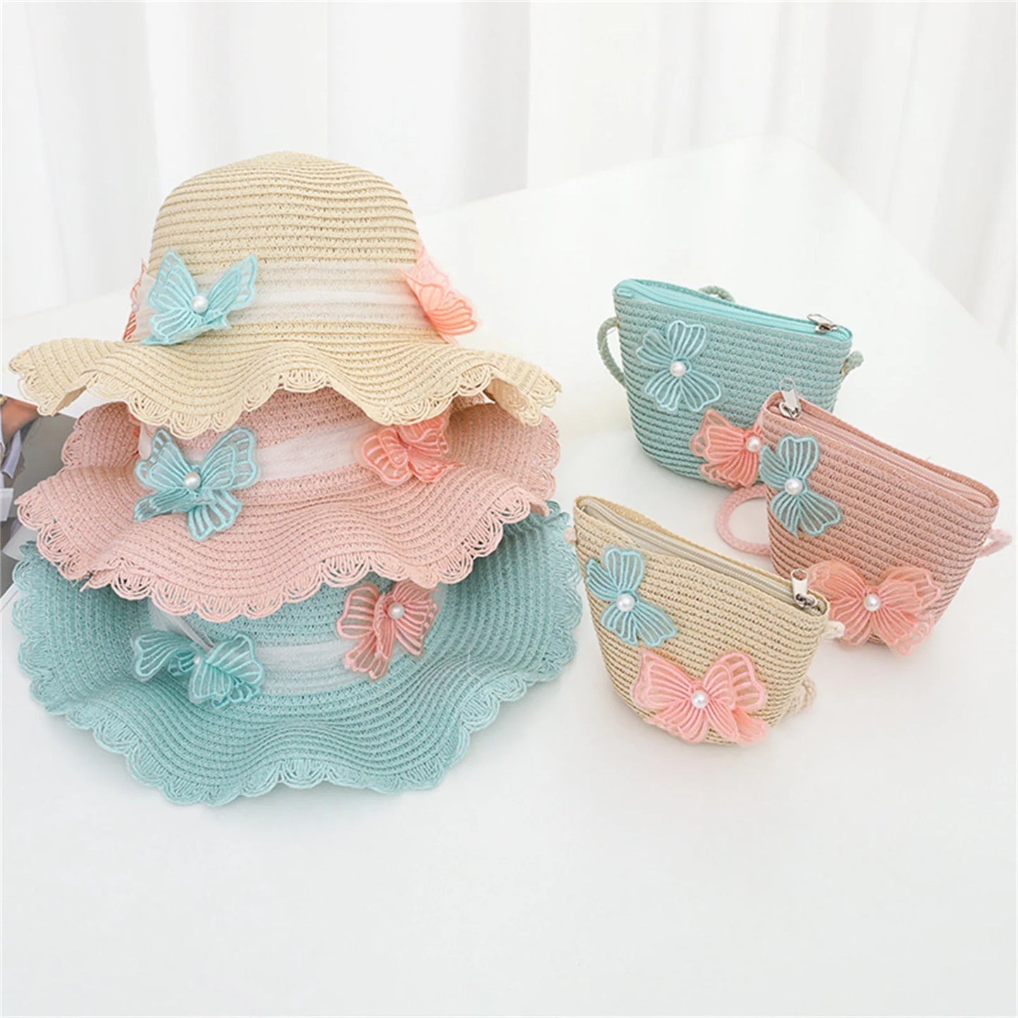 2pcs Set Girls Summer Straw Sun Hat Kids Summer Protection Wide Brim Reversible Bow Hats with Crossbody Bag Outdoor Acceessories