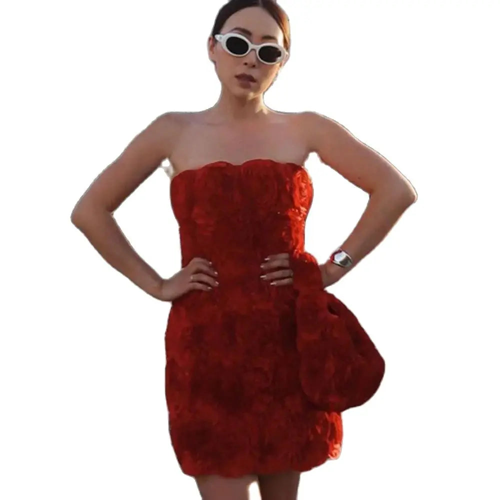 Strapless Red Mini Length Flowers Dress Straight Bodycon Party Dresses Custom Made 2024 New Fashion Gown Plus Size Floral Gowns