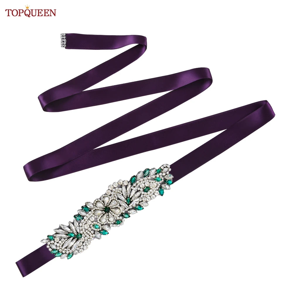 TOPQUEEN S22 Bride Rhinestone Belt Shiny Wedding Accessories Party Woman Emerald Belts Jewelry Wedding Dress Decoration Sash