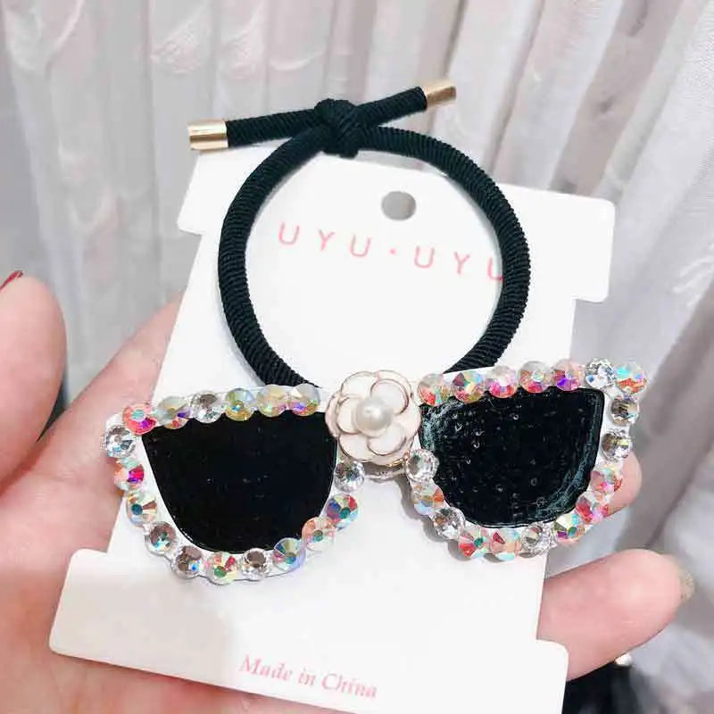 Black Sunglasses Shape Elastic Hair Bands Pins for Women Crystal Rhinestone Hairband Hair Clips Rope Tie Girls Hair Accesorios