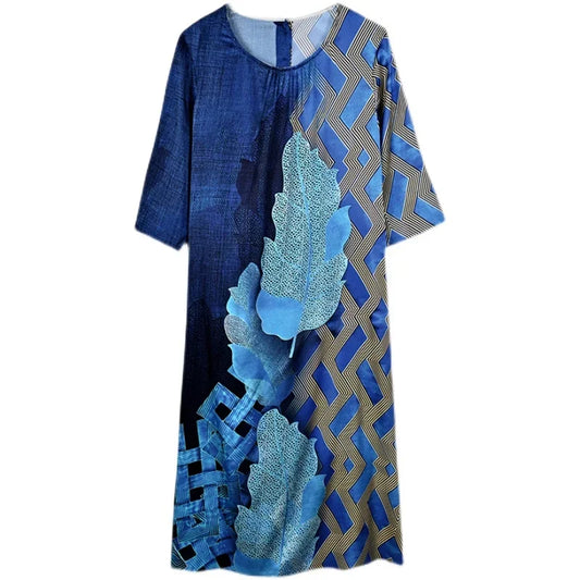 2024 Blue Print Natural Silk Midi Dress Summer New Elegant Loose Waist Plus Size Dress Women Korean Vintage Casaul Party Dress
