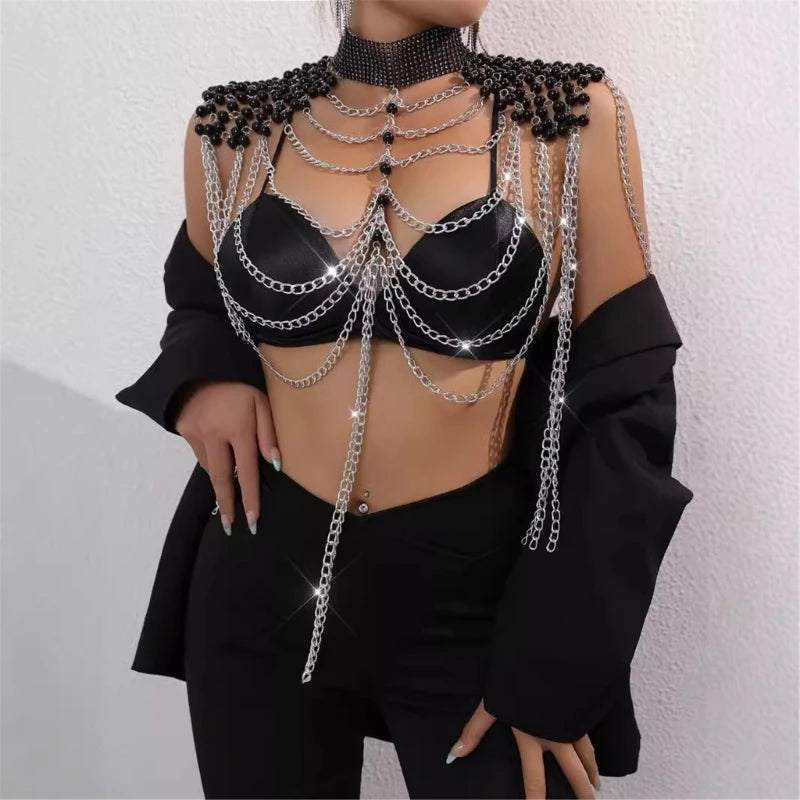 Women Pearls Beaded Shoulder Chain Necklace Layered Metal Chain Tassels Body Jewelry Shawl Camisole Top Body Accessory