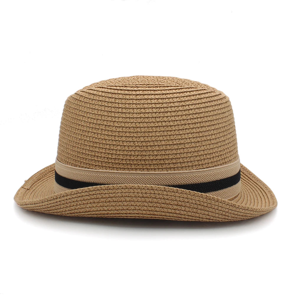 Men Women Summer Solid Straw Homburg Hats Classical Retro Fedora Caps Trilby Sunhat Party Beach Travel Outdoor Adjustable Size