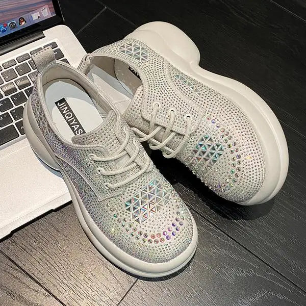 Womens Sneakers Shoes Tennis Female Platform Rhinestone Roses 2023 Trainers Sparkles Casual Fashion Thick Sole PU Crystal Leisur
