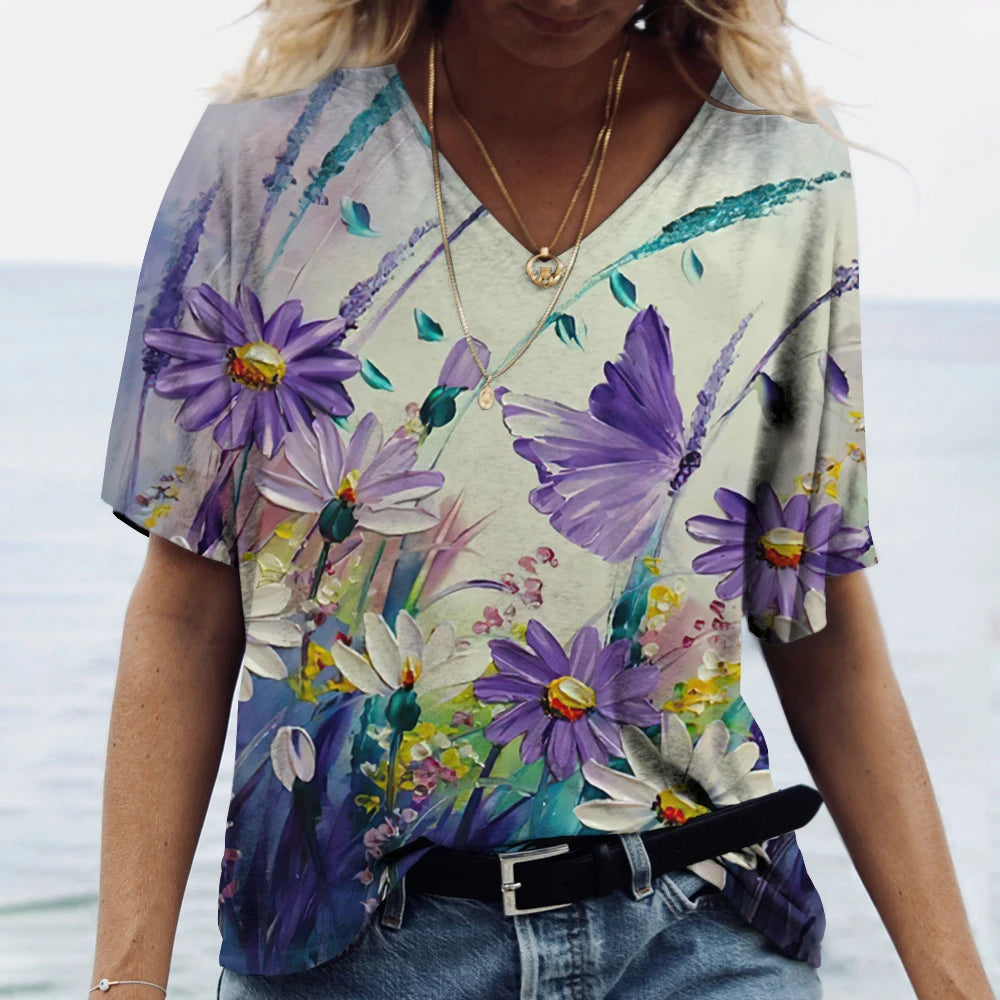 Butterfly Printed Women's T-Shirt clothes 3D V-Neck Cotton Fashion Short Sleeve Tops 2025 Casual Basic Girl's Clothing Harajuku Clothes