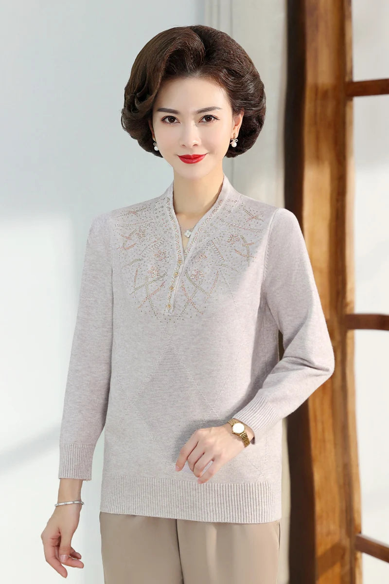 Middle-aged Women's Autumn Sweaters Pullovers V-neck JUmper Hot diamond Knitting Sweater Mother Dress Tops