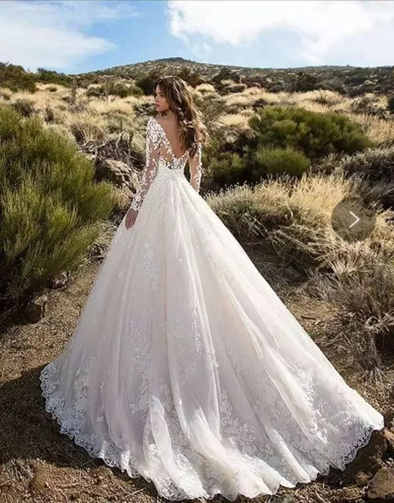 Women Long Sleeve V Neck Lace Floor-Length Bride Clothing White Fashion Party Church Formal Wear Dresses Elegant Formal Dress !!!