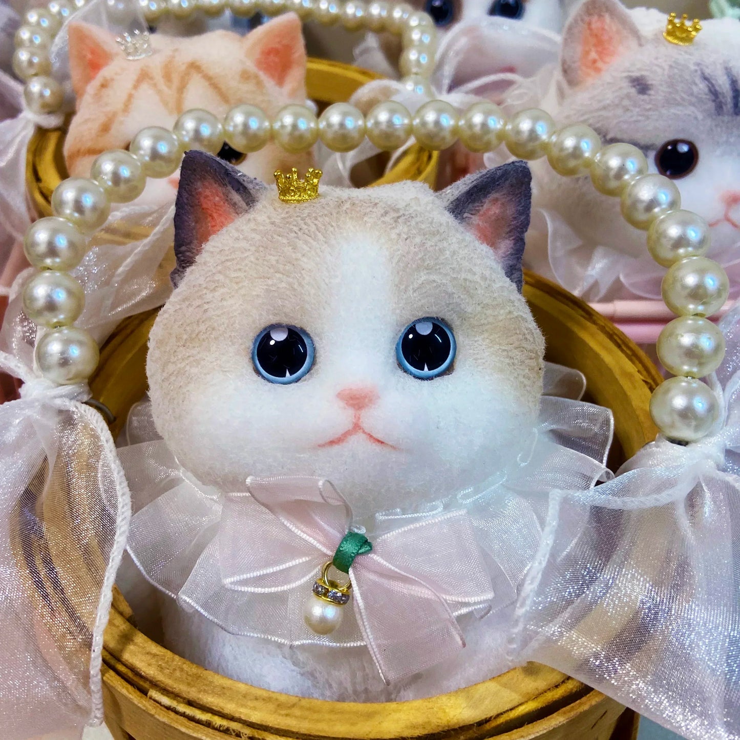 17cm Simulation Silicone Cat Soft Rebound Handmade Toy with Bamboo Basket Bionic Kitten Birthday Gifts Ornament