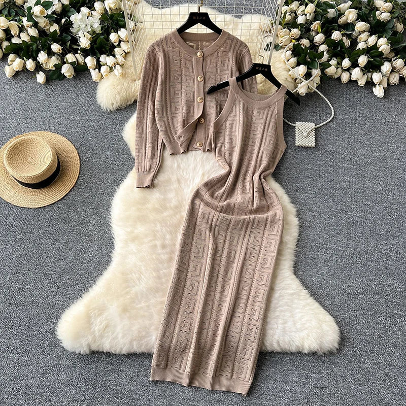 Knited Fall Winter Warm Women 2 Piecce Sets O-neck Single Breasted Cardigan Coats Tops Conjunto Korea Sleeveless Dresses Outfit