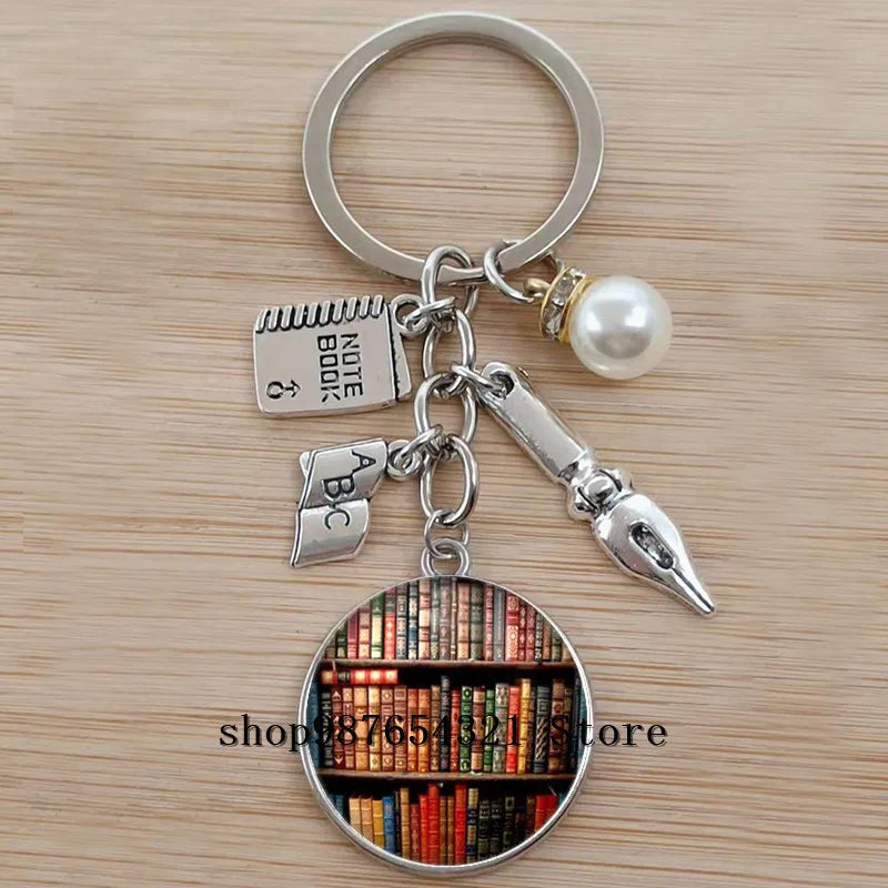 Classic Library Books Keychain Vintage Old Books Key Chain Librarians Key Ring Gift for Nerd Bookworm Writer Teacher