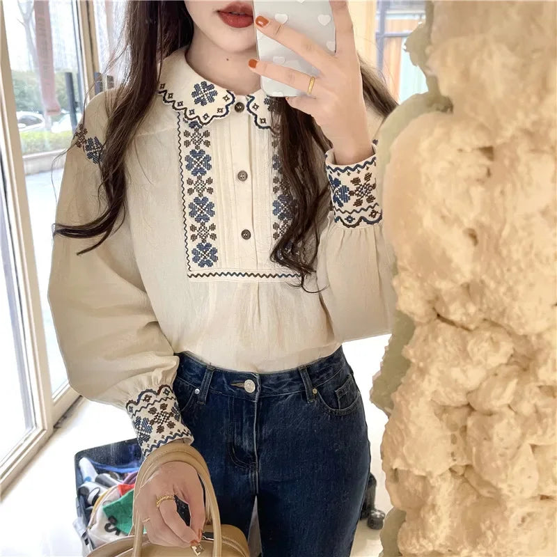 Korobov Vintage Autumn Shirts Embroidery Lapel Long-sleeved Blouses Female Camisas Puffed Sleeve Doll Collar Top Korean Fashion