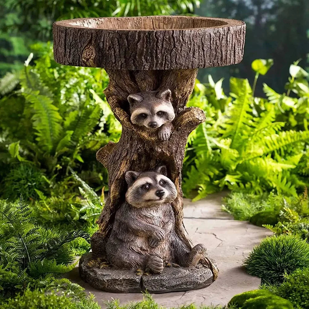 Garden Raccoon Birdbath Polyresin Antique Resin Bird Bath Home Garden Yard Garden Decoration Retro Outdoor Yard Decor Fountains