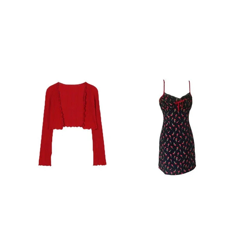 Sweet 2 Piece Dress Set Woman Red Long Sleeve Cardigan + Strap Floral Y2k Mini Dress Party Korean Fashion Suit 2023 Autumn Chic