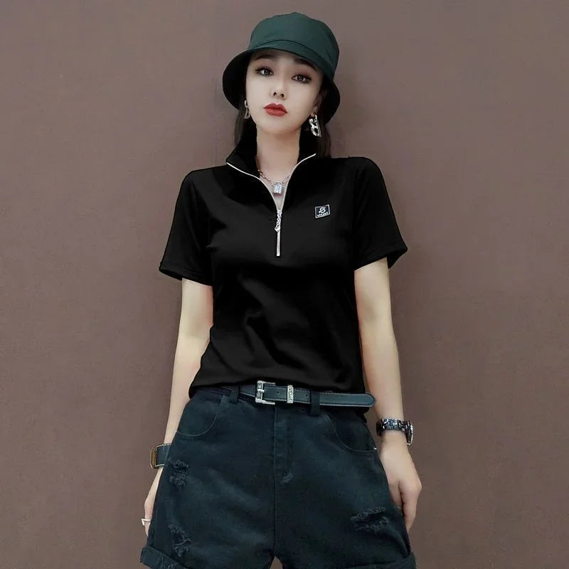 T-shirt Woman Short Sleeve Tee Clothing Green Polo Neck Shirts for Women Tops White Korean Style Polyester Luxury High Quality V clothes