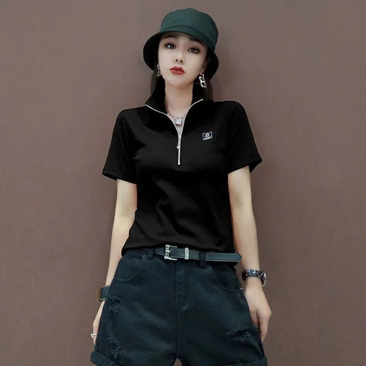 T-shirt Woman Short Sleeve Tee Clothing Green Polo Neck Shirts for Women Tops White Korean Style Polyester Luxury High Quality V clothes