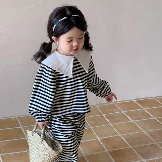 Children's Clothing Sets Big Lapel Striped Top and Wide-leg Pants 2pcs Sets Baby Girl Outfit Set Toddler Girl Clothes