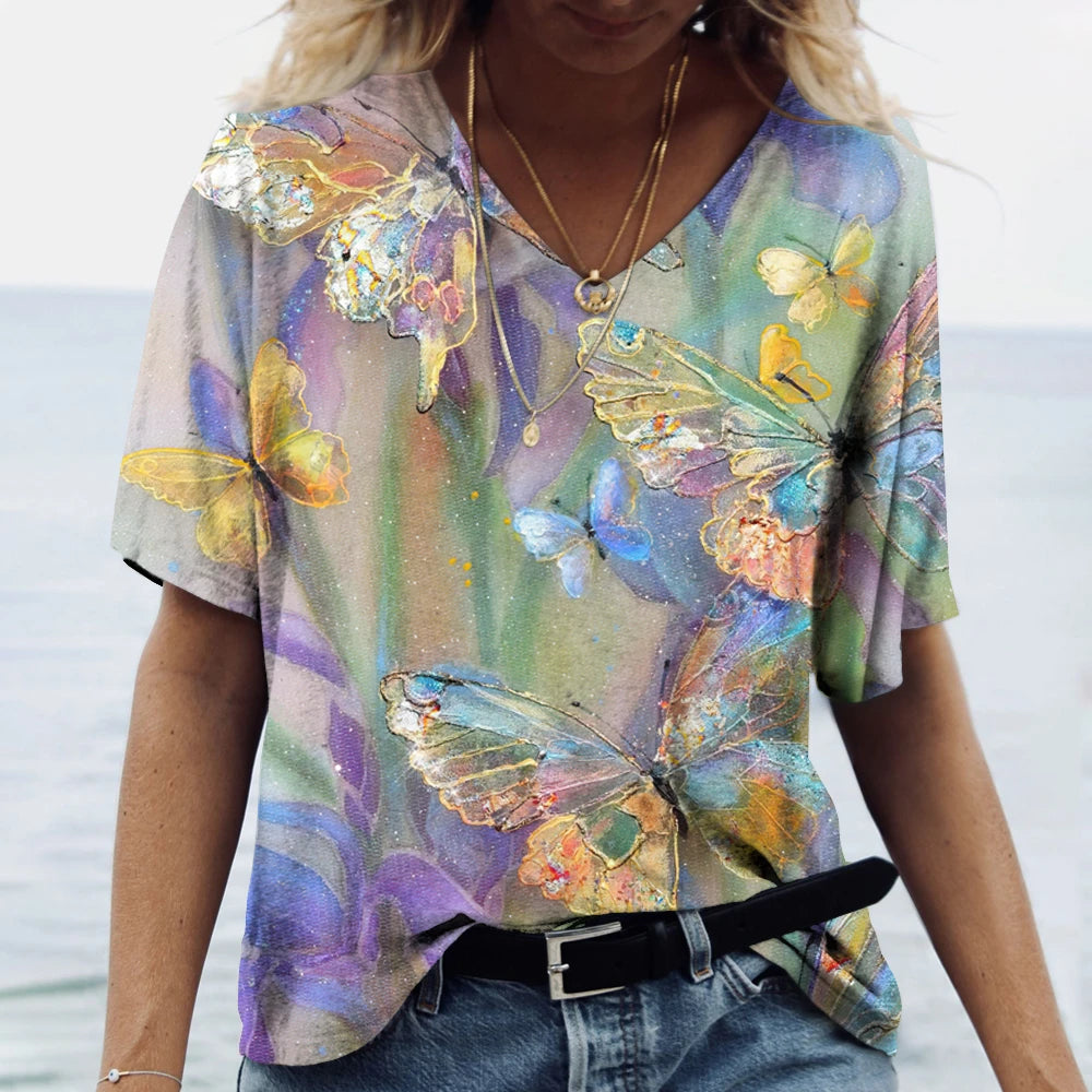 Butterfly Printed Women's T-Shirt clothes 3D V-Neck Cotton Fashion Short Sleeve Tops 2025 Casual Basic Girl's Clothing Harajuku Clothes