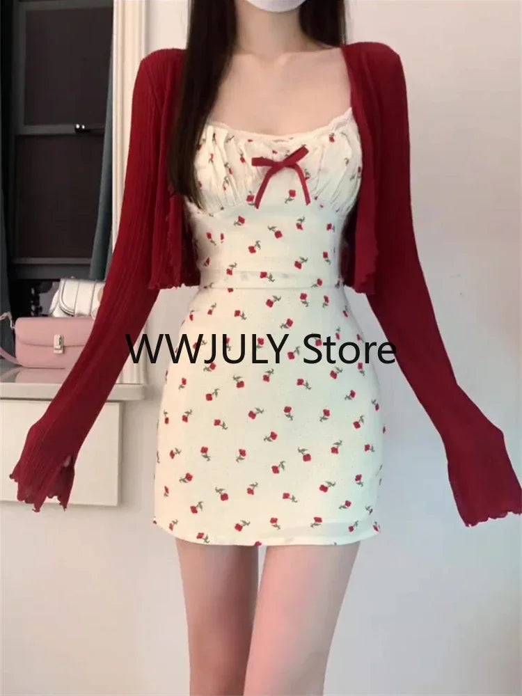 Sweet 2 Piece Dress Set Woman Red Long Sleeve Cardigan + Strap Floral Y2k Mini Dress Party Korean Fashion Suit 2023 Autumn Chic