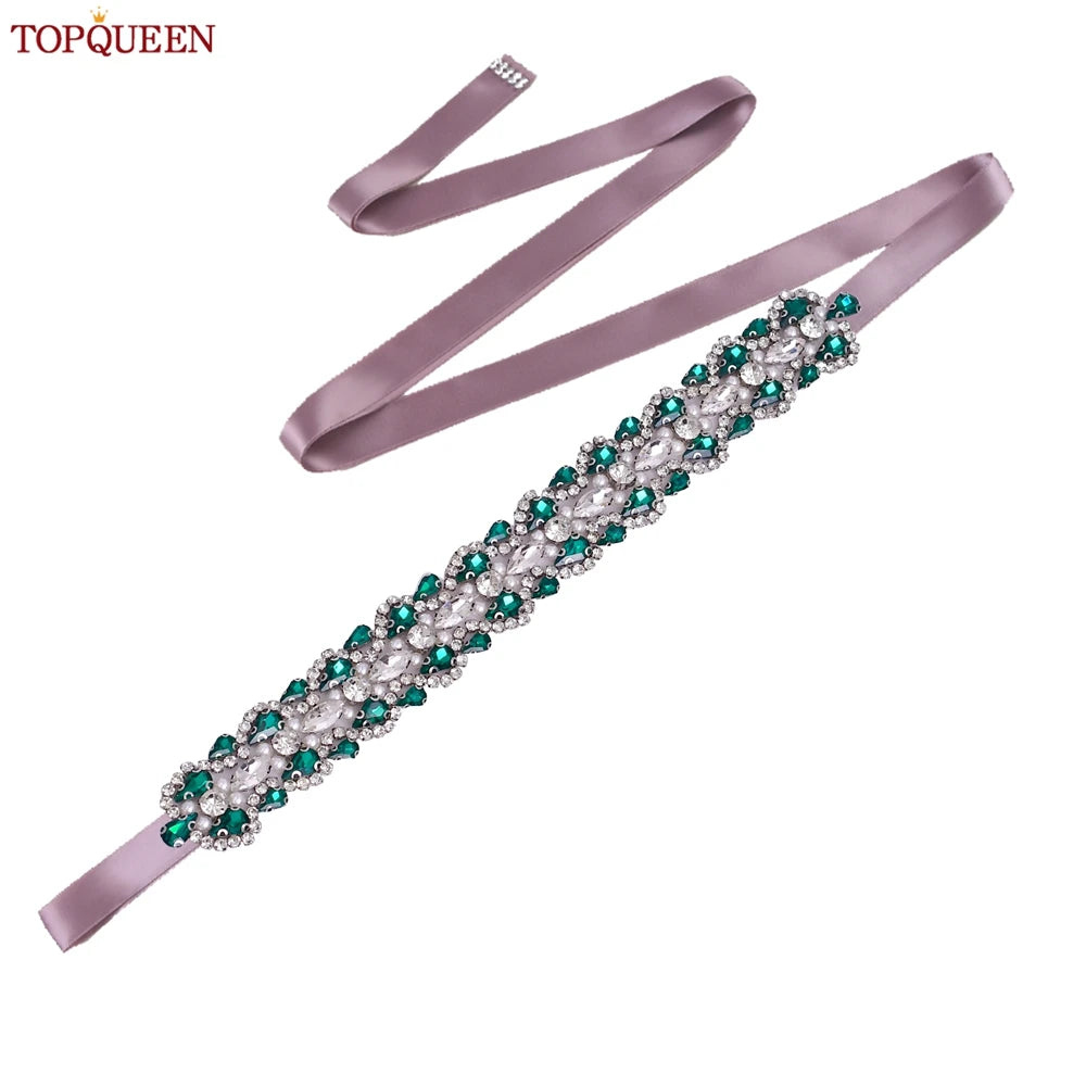 TOPQUEEN Luxury New Bridal Belt Wedding Supplies Dinner Dress Waist Decoration Green Bridesmaid Sash Accessories S466-D
