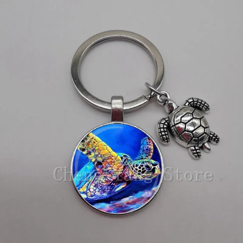 Marine life jewelry turtle dolphin shell keychain key ring glass convex round keychain charm turtle pendant Christmas gift