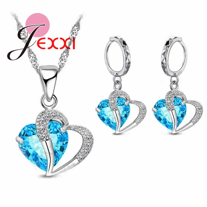 Exquisite Heart Pave 9 Color Cubic Zirconia Pendant 925 Sterling Silver Jewelry Sets For Girls Valentines Day Gift