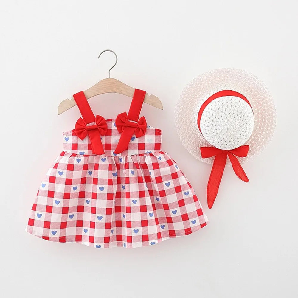New Clothes Girls 0-3old Summer 90%cotton dress with hat flower bow skirt