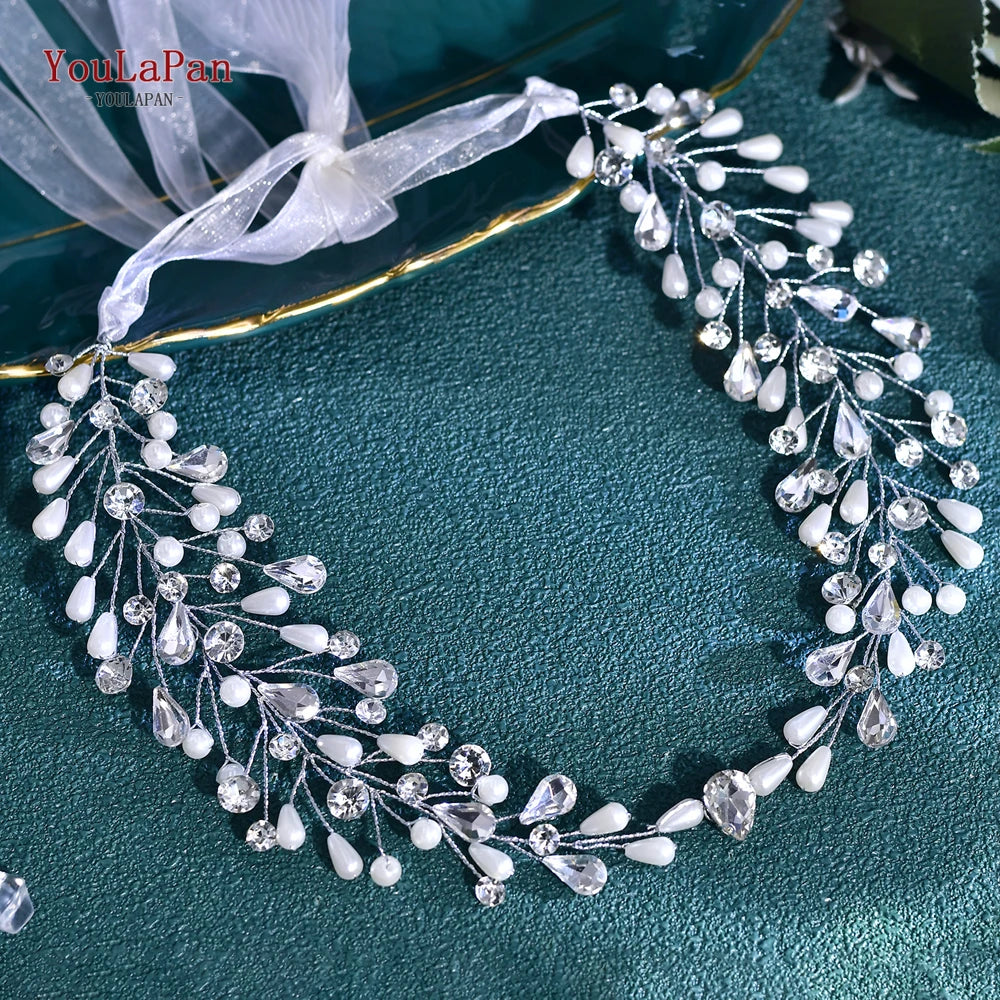 YouLaPan Rhinestone Wedding Forehead Headband Pearl Women Headdress Bridal Head Jewelry Tiara Bridesmaid Hair Accessories HP835