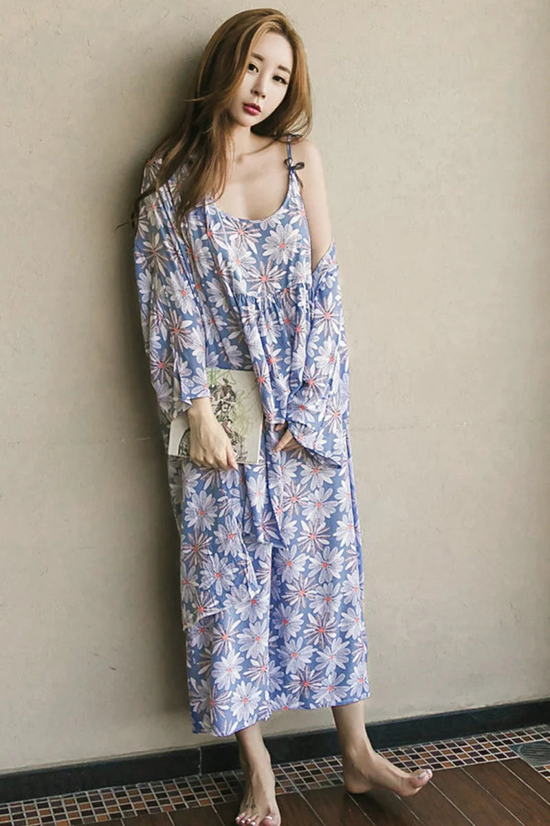 3 Pieces Women Japan Kimono Pajamas Cotton Sleepwear Pijama Soft Home Clothing Floral Printing Sleep Lounge Pyjama Pyjamas Set