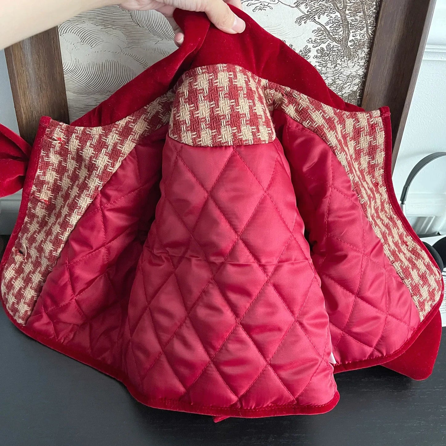 2024 Winter New Korean Edition Girls Red Grid Bow Set Baby Cotton Two Piece Set Toddler Girl Designable Gentle Clothes