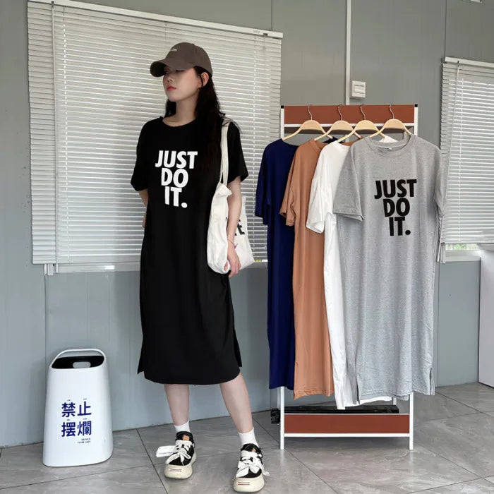 Korean version short sleeved t-shirt dress summer clothing fashionable and minimalist long dress casual knee length dress D42B