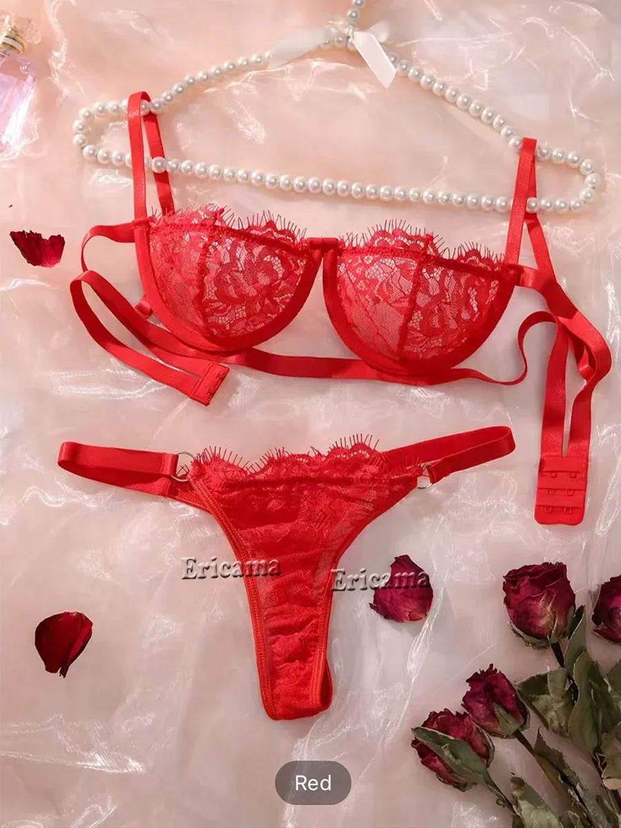 Red Floral Lace Garter Lingerie Set With Choker Women Intimates 2022 Underwire Bra And Thongs Ladies Underwear Set