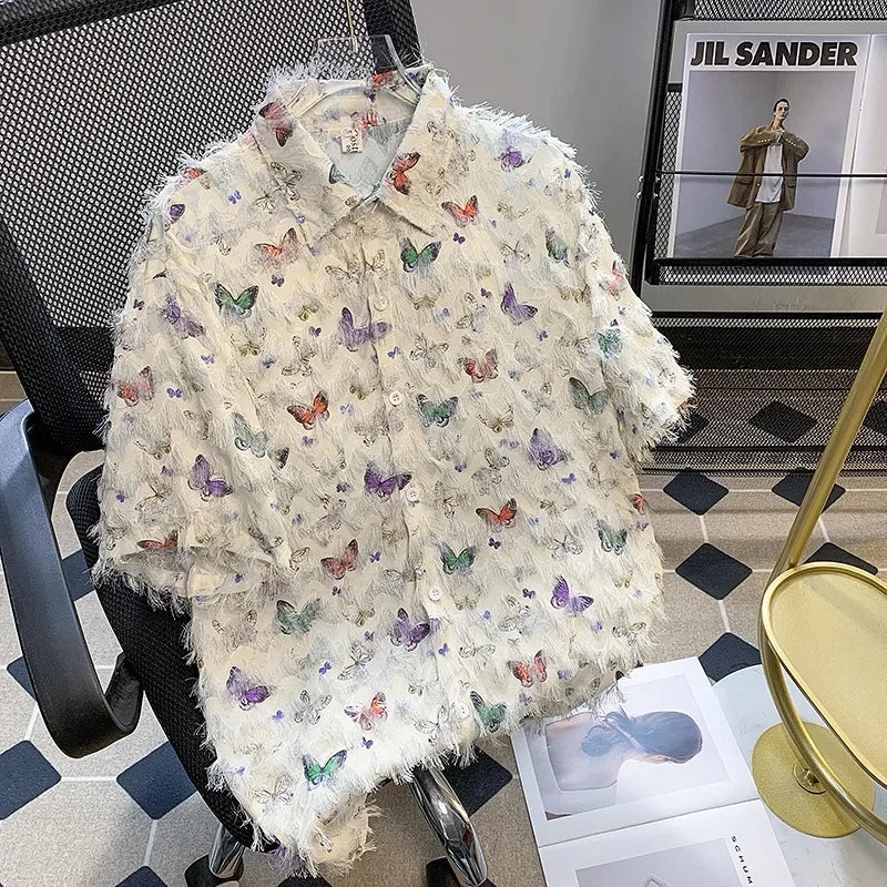 Trendy American Style Butterfly Print Short Sleeve Men's Shirt New Loose Fit Sensible Versatile Couple Casual Shirt mon