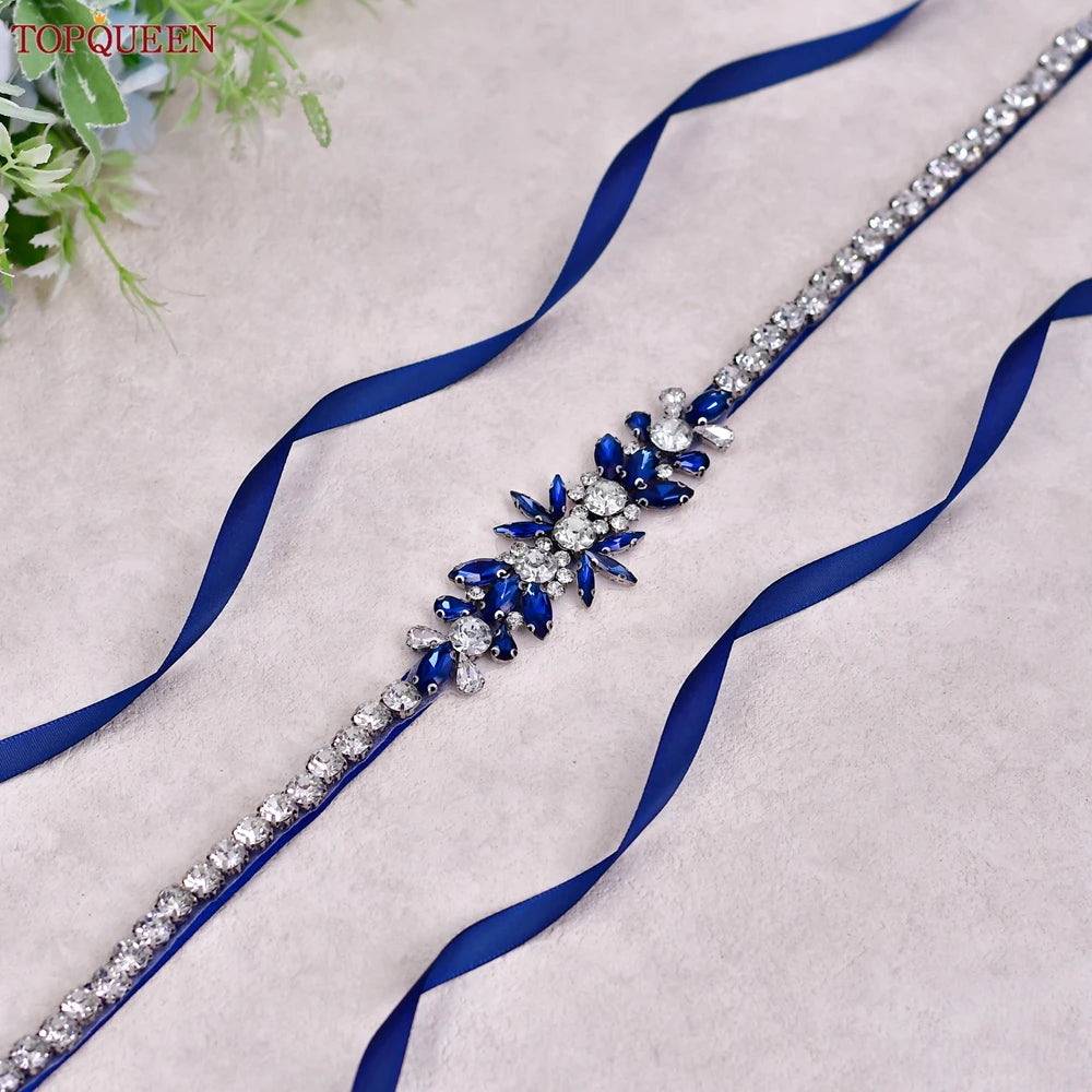 TOPQUEEN Blue Diamond Bridal Ribbon Belt Banquet Evening Dress Jewelry Sash Wedding Accessories Women Waist Decoration S166-ML